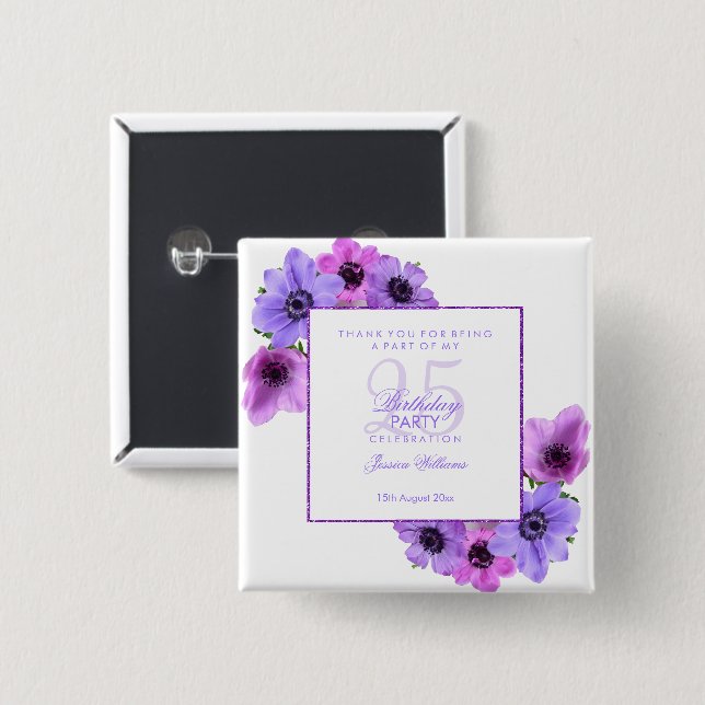 Pretty Anemones Floral 25th Birthday 2 Inch Square Button (Front & Back)