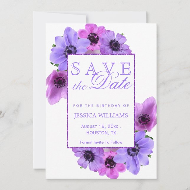 Pretty Anemones Floral Birthday Save The Date (Front)