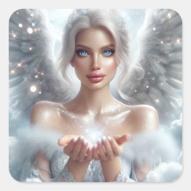 Pretty Angel with Blue Eyes Holding Love and Light Square Sticker (Front)