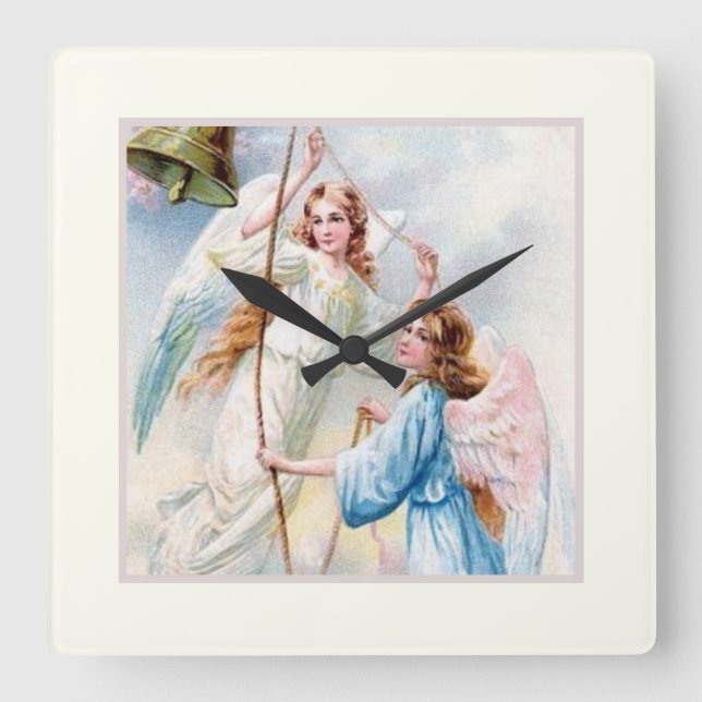 Pretty Angels With Bell Square Wall Clock (Front)