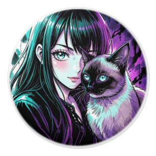 Pretty Anime Girl and Siamese Cat Ceramic Knob