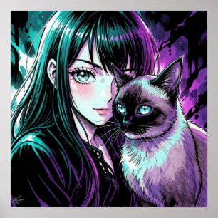 Pretty Anime Girl and Siamese Cat Poster