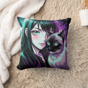 Pretty Anime Girl and Siamese Cat Throw Pillow