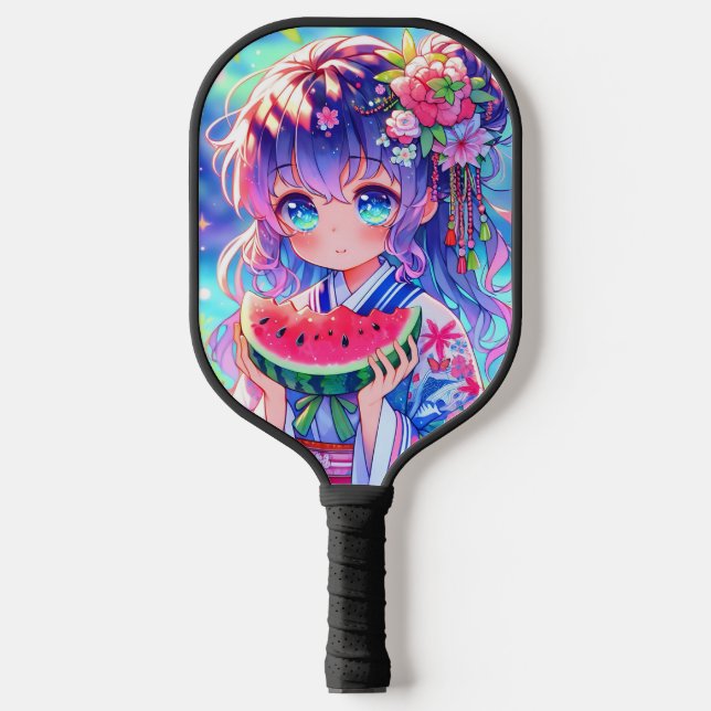 Pretty Anime Girl Eating Watermelon Pickleball Paddle (Front)