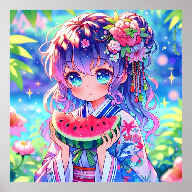 Pretty Anime Girl Eating Watermelon Poster (Front)