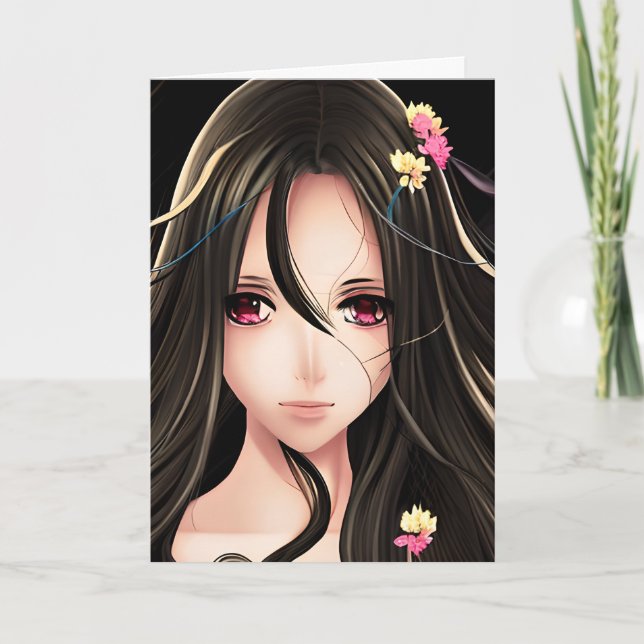 Pretty Anime Girl Happy Birthday Card (Front)