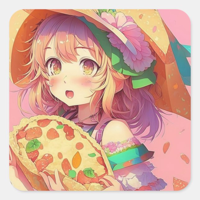 Pretty Anime Girl Holding a Pizza Square Sticker (Front)