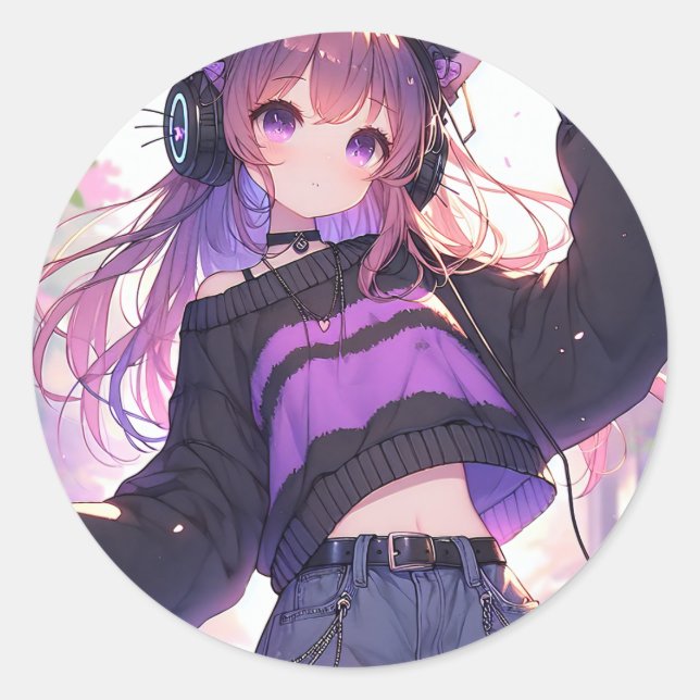 Pretty Anime Girl in Headphones with Cat Ears Classic Round Sticker (Front)