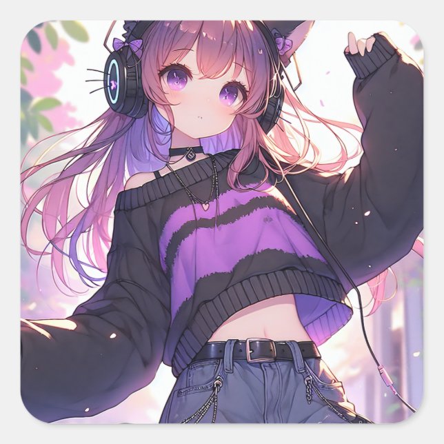 Pretty Anime Girl in Headphones with Cat Ears Square Sticker (Front)