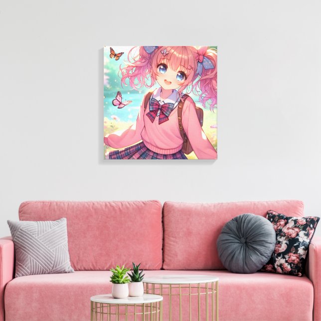 Pretty Anime Girl in Pink Pigtails Canvas Print (Insitu(LivingRoom))