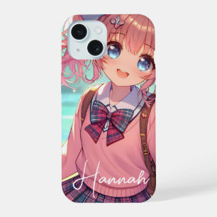 Pretty Anime Girl in Pink Pigtails iPhone 15 Case