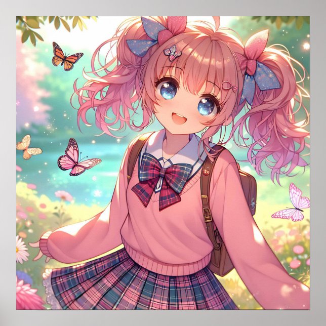 Pretty Anime Girl in Pink Pigtails Poster (Front)