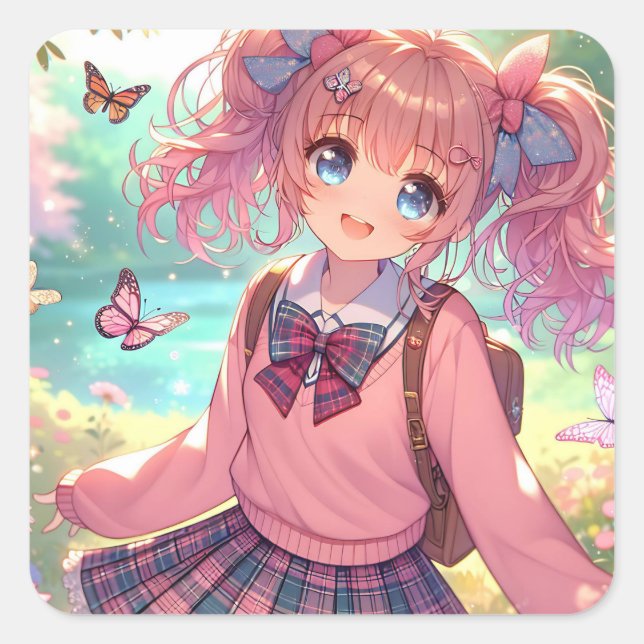 Pretty Anime Girl in Pink Pigtails Square Sticker (Front)