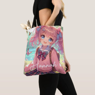Pretty Anime Girl in Pink Pigtails Tote Bag
