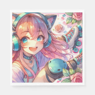 Pretty Anime Girl in Roller skates Birthday Party Napkin