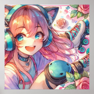 Pretty Anime Girl in Roller skates  Poster