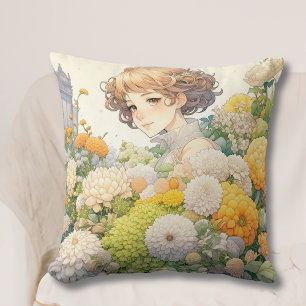 Pretty Anime Girl in Yellow and White Flowers Throw Pillow