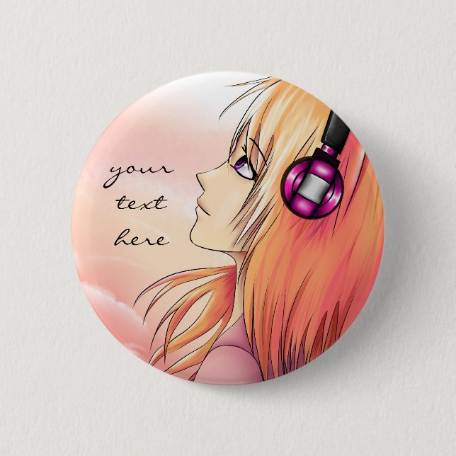 Pretty anime girl listening to music button (Front)