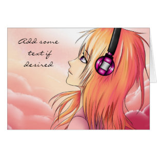 Pretty anime girl listening to music card