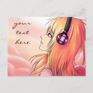 Pretty anime girl listening to music post card