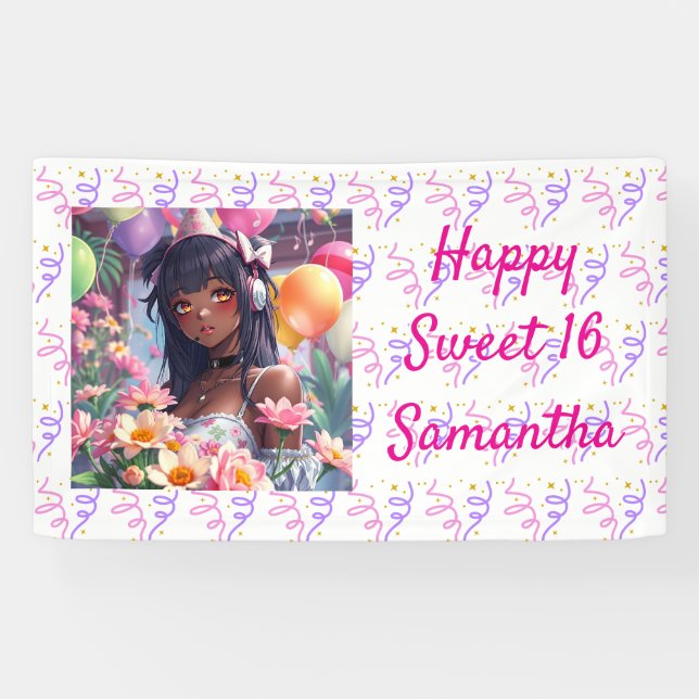 Pretty Anime Girl of Colour Personalized Birthday Banner (Horizontal)