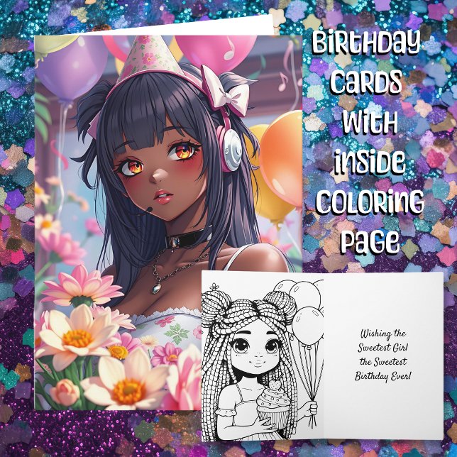 Pretty Anime Girl of Colour Personalized Birthday Card (Creator Uploaded)