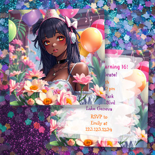 Pretty Anime Girl of Colour Personalized Birthday Invitation