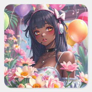 Pretty Anime Girl of Colour Personalized Birthday Square Sticker