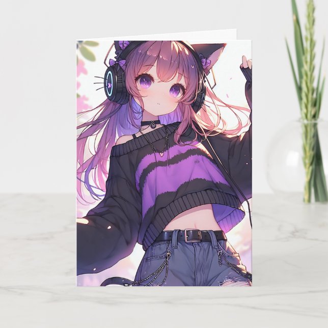 Pretty Anime Girl Personalized Birthday Card (Front)