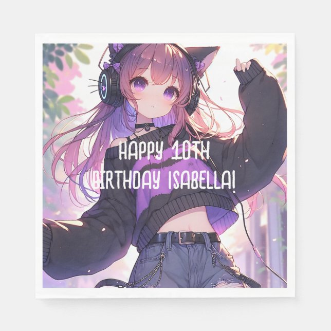 Pretty Anime Girl Personalized Birthday Napkin (Front)