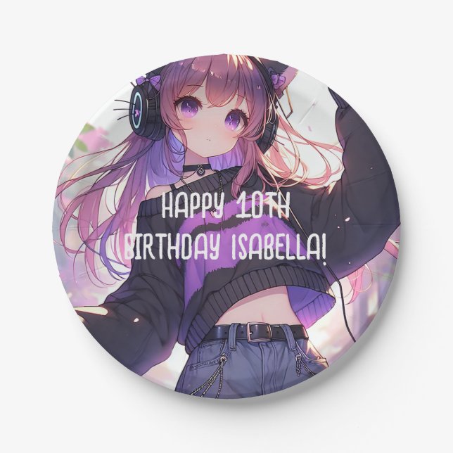 Pretty Anime Girl Personalized Birthday Paper Plate (Front)