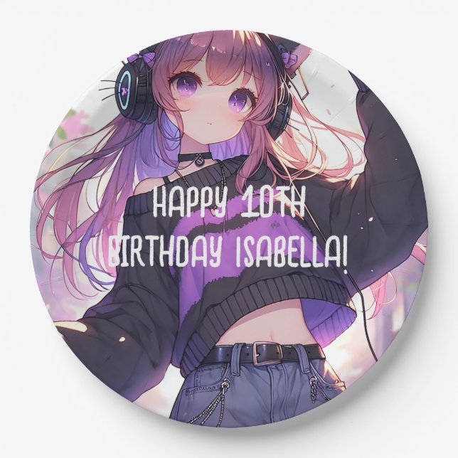 Pretty Anime Girl Personalized Birthday Paper Plate (Front)