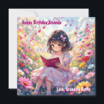 Pretty Anime Girl Reading | Colouring Page Birthda Card<br><div class="desc">A cute birthday card for a daughter,  granddaughter or niece with a cute anime girl reading a book surrounded by flowers and musical notes. Inside you can add her name in the personalize area. There is also a colouring page on the back.</div>
