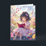 Pretty Anime Girl Reading | Colouring Page Birthda Card<br><div class="desc">A cute birthday card for a daughter,  granddaughter or niece with a cute anime girl reading a book surrounded by flowers and musical notes. Inside you can add her name in the personalize area. There is also a colouring page on the inside.</div>