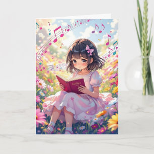 Pretty Anime Girl Reading   Colouring Page Birthda Card
