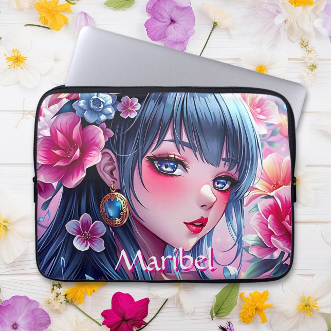 Pretty Anime Girl with Blue Eyes Personalized Laptop Sleeve (Creator Uploaded)