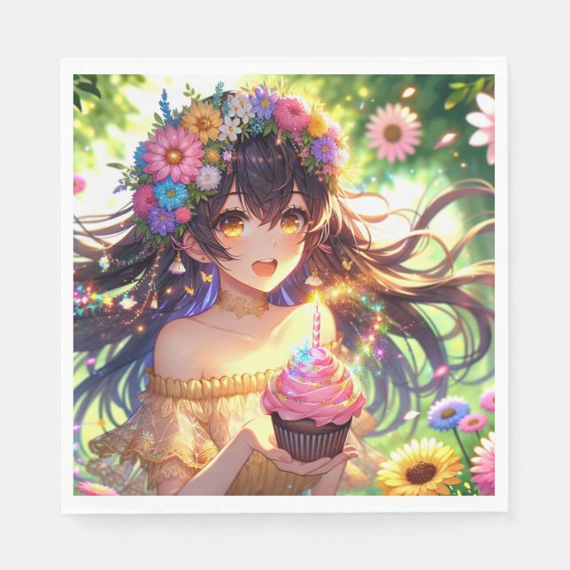 Pretty Anime Girl with Cupcake Birthday  Napkin (Front)