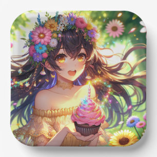 Pretty Anime Girl with Cupcake Birthday  Paper Plate