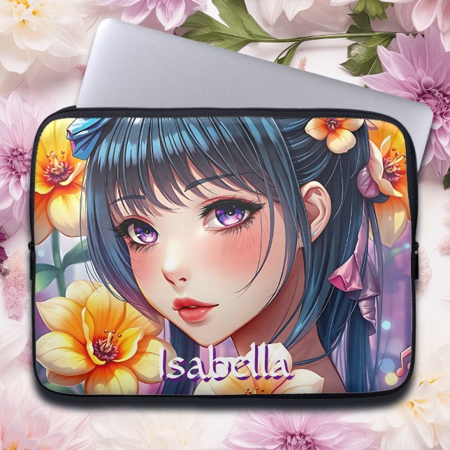 Pretty Anime Girl with Daffodils Personalized Laptop Sleeve (Creator Uploaded)