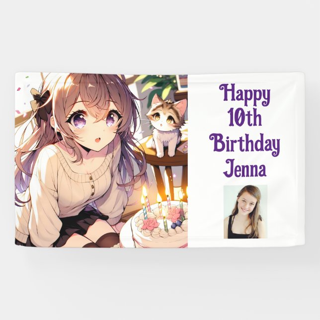 Pretty Anime Girl with Kitten and Birthday Cake Banner (Horizontal)