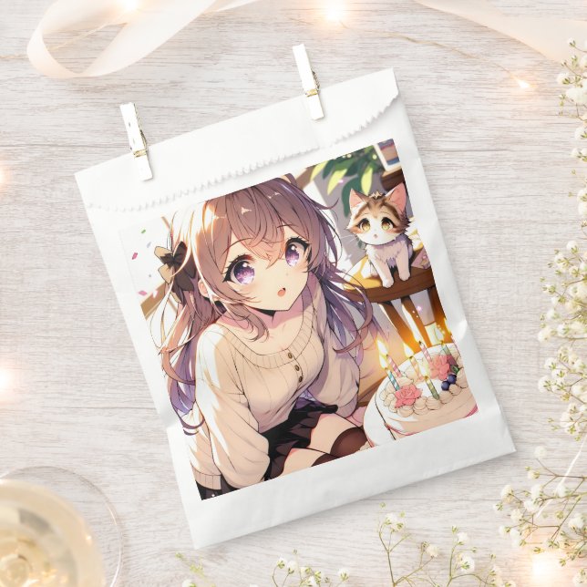 Pretty Anime Girl with Kitten and Birthday Cake Favour Bag (Clipped)