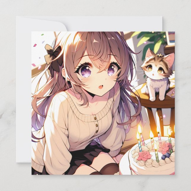 Pretty Anime Girl with Kitten and Birthday Cake Invitation (Front)