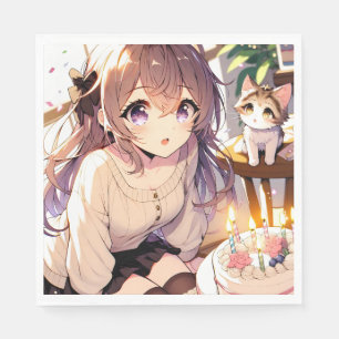 Pretty Anime Girl with Kitten and Birthday Cake Napkin