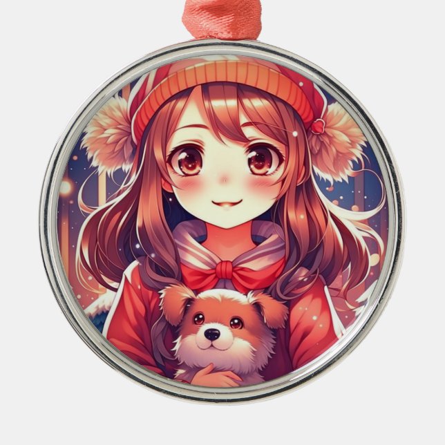 Pretty Anime Girl with Puppy and Ear Muffs Metal Ornament (Front)