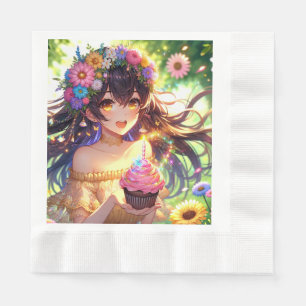 Pretty Anime Girl's Birthday Cupcake Napkin