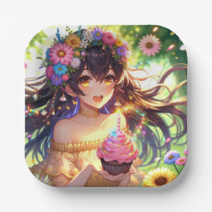 Pretty Anime Girl's Birthday Cupcake Paper Plate
