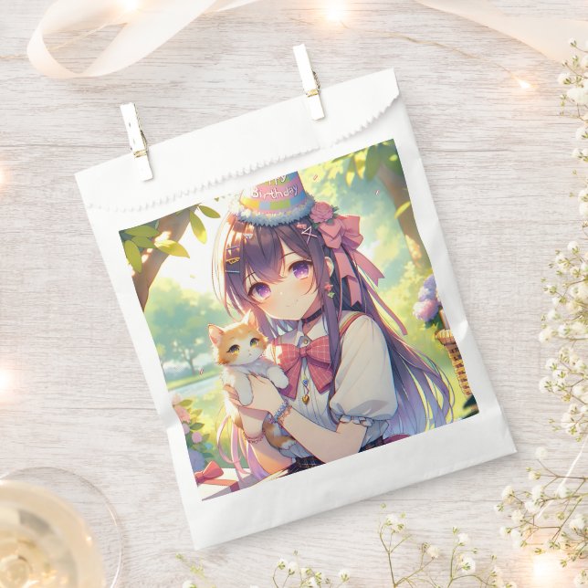 Pretty Anime Holding Kitten Girl's Birthday Favour Bag (Clipped)