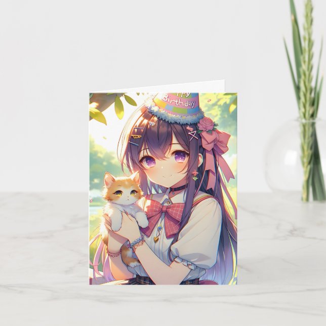 Pretty Anime Holding Kitten Girl's Birthday Invitation (Front)