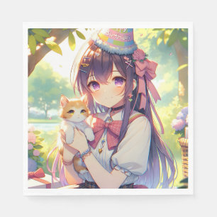 Pretty Anime Holding Kitten Girl's Birthday Napkin