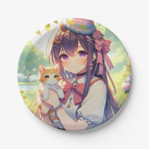 Pretty Anime Holding Kitten Girl's Birthday Paper Plate